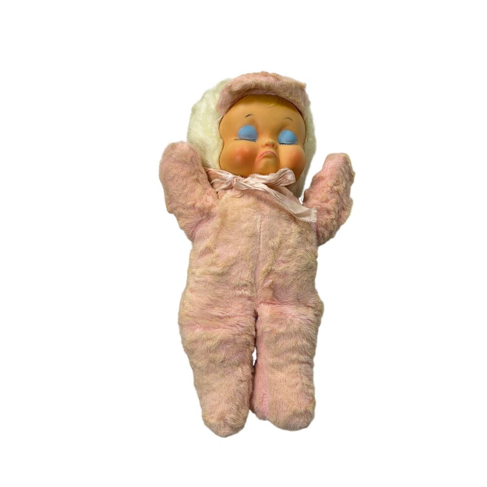 VTG Rushton Rubber face Pouty Pout Doll, pink outfit. 15 inch. signs of wear